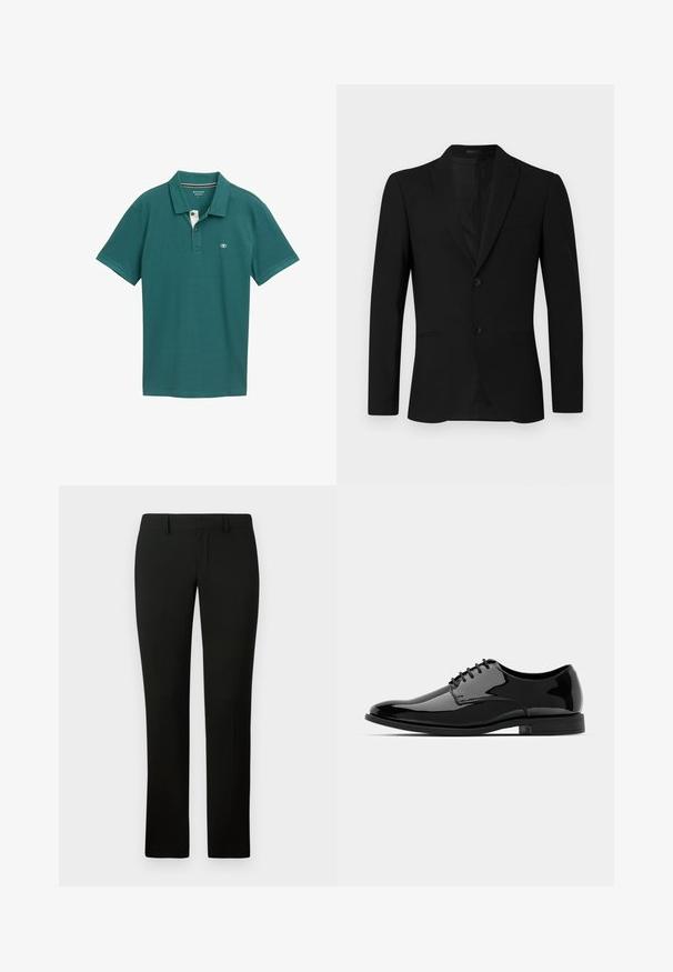 Mustast ülikonna jakk, millel on nurgelised kraed, ühe nööbiga disain, kaks nööpi ja kantud taskud; sile tekstuur ja kohandatud sobivus.; Türkiis polo särk, mis on valmistatud hingavast kangast, kolme nööbiga kaelusega, lühikeste varrukatega ja дискретne logo rinnal.; Mustad püksid kohandatud lõikega, sileda tekstuuri ja sirge säärega disainiga. Vöökoht on varustatud vöörihmadega ja puhta viimistlusega.; Mustan läikiva nahast kleitking, millel on ümar varvas, nööridega disain ja sile, läikiv pind. Omab madalat kummitalda.