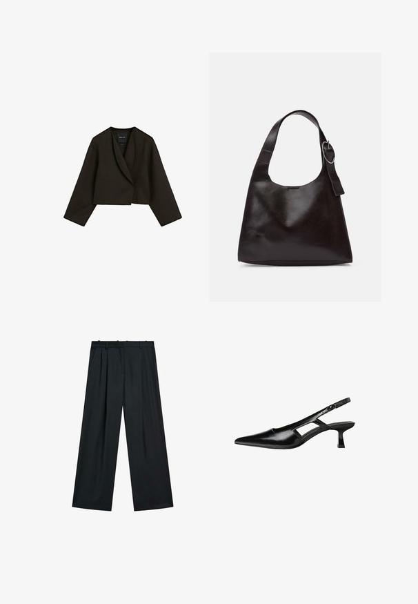 Brązowa, krótka kurtka z miękkiego materiału z kołnierzem szalowym i szerokimi rękawami. Projekt cechuje minimalistyczna sylwetka i czyste linie.; Czarny długi rękaw top wykonany z miękkiej dzianiny. Posiada okrągły dekolt i prosty krój bez widocznych elementów metalowych czy ozdób.; Czarne spodnie w szerokim kroju z plisowanym przodem, talią z pętelkami na pasek oraz bocznymi kieszeniami. Wykonane z gładkiej tkaniny o prostym designie.; Czarne lakierowane czółenka na odkrytej pięcie z wąskim noskiem, z wykrojem po bokach i małym kwadratowym obcasem. Gładka faktura z minimalnymi akcentami.; Brązowa skórzana torba na ramię o gładkiej teksturze, zaokrąglonym kształcie, szerokim pasku i okrąłym metalowym akcentem na uchwycie.