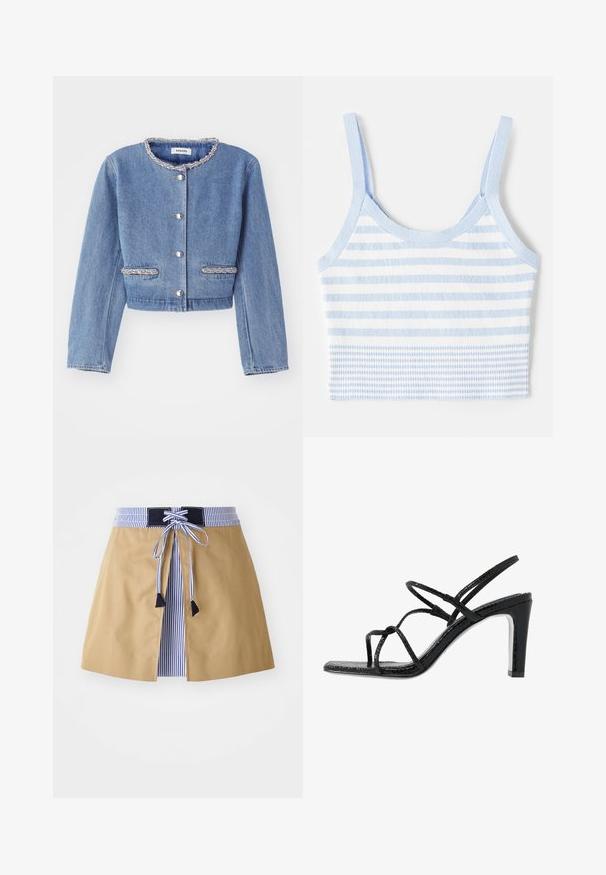 Šviesiai mėlynas džinsinis trumpas švarkelis su apvaliu, karoliukų apdaila, sidabro spalvos sagų užsegimu ir dviem karoliukų akcento kišenėmis.; sandro BRASSIERE - Viršus - bleu ciel; Kreminės spalvos sijonas su mėlynu dryžuotu dirželiu, kuriame yra įrišimo priekyje ir juodais akcentais. Saldus audinys, vidutinio ilgio su pritaikytu dizainu.; Juodi aukšti sandalai su plonomis dirželėmis, tekstūruotu paviršiumi, atvira kojų pirštų dalimi ir elegantišku, smailiu kulnu. Yra lygus įdėklas ir blizgus paviršius.