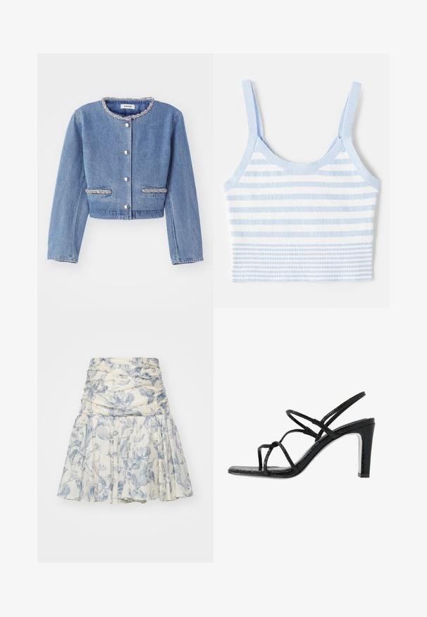 Jasnoniebieska, skrojona kurtka jeansowa z okrągłym, koralikowym kołnierzykiem, zamknięciami na srebrne guziki oraz dwiema kieszeniami z koralikowymi detalami.; sandro - Top; Lekka spódnica w kwiaty w kolorze kremowym i niebieskim, z marszczoną talią i plisowanym fasonem, wykonana z miękkiego materiału o delikatnej teksturze.; Czarne sandały na obcasie z cienkimi paskami, teksturowanym wykończeniem, otwartym palcem oraz eleganckim, spiczastym kształtem obcasa. Posiadają gładką wkładkę oraz błyszczącą powierzchnię.