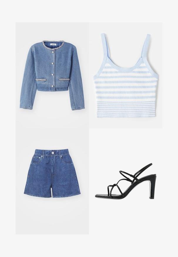 Lys blå denim cropped jakke med en rund, perlekantet krave, sølvfarvede knaplukninger og to perleaccentlommere.; sandro BRASSIERE - Top - bleu ciel; Denimshorts i mørkeblå med høj talje, der har knaplukning, to frontlommer og syede kantdetaljer.; Sorte hælede sandaler med tynde stropper, en tekstureret overflade, åben tå og et slankt, spidst hældesign. Har en glat indersål og en skinnende overflade.