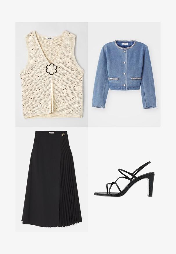 Svetlo modra denim jakna skrajšana dolžina z okroglo, bisernato ovratnico, srebrnimi gumbi zapiranjem in dvema bisernatima dodatnima žepoma.; sandro HAUT - Top - ecru; Črna midi krila z nabranim dizajnom na eni strani, izdelana iz lahkega blaga, s skrito zadrgo in stranskimi žepi.; Črne sandale s peto z tankimi trakovi, teksturirano površino, odprto prst in eleganten, koničast peto. Imajo gladko podplat in sijočo površino.