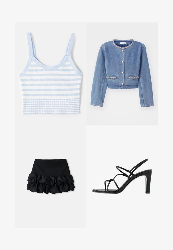 Chaqueta de mezclilla cropped en azul claro con un cuello redondo de cuentas, cierres de botones plateados y dos bolsillos acentuados con cuentas.; sandro BRASSIERE  - Top - bleu ciel; Minifalda negra con un ajuste ceñido en la parte superior y tres capas de tela con volantes en la parte inferior, con una textura suave y líneas limpias.; Sandalias de tacón negro con cintas finas, un acabado texturizado, punta abierta y un diseño de tacón afilado y elegante. Presenta una plantilla suave y una superficie brillante.