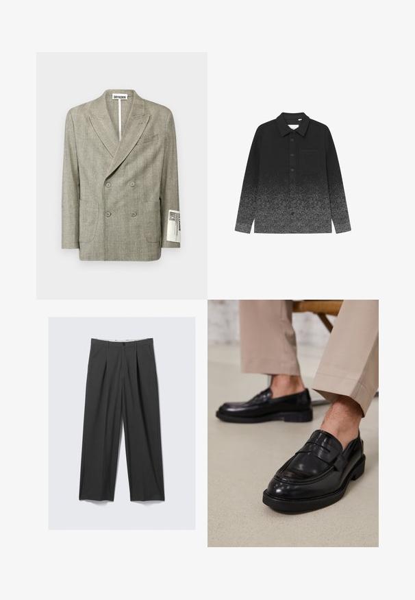 DRYKORN MONTELINO - Dressjakke - grey; Svart og grå gradient skjorte med krage, lange ermer, lomme foran og et strukturert stoff.; Grå, vide bukser med plisseringer. Laget av et glatt stoff, har frontknapplukking og beltehemper. Flat frontdesign.; Svarte skinnloafers med glatt overflate, med en dekorativ stropp og kontrastbroderi, sammen med beige bukser.