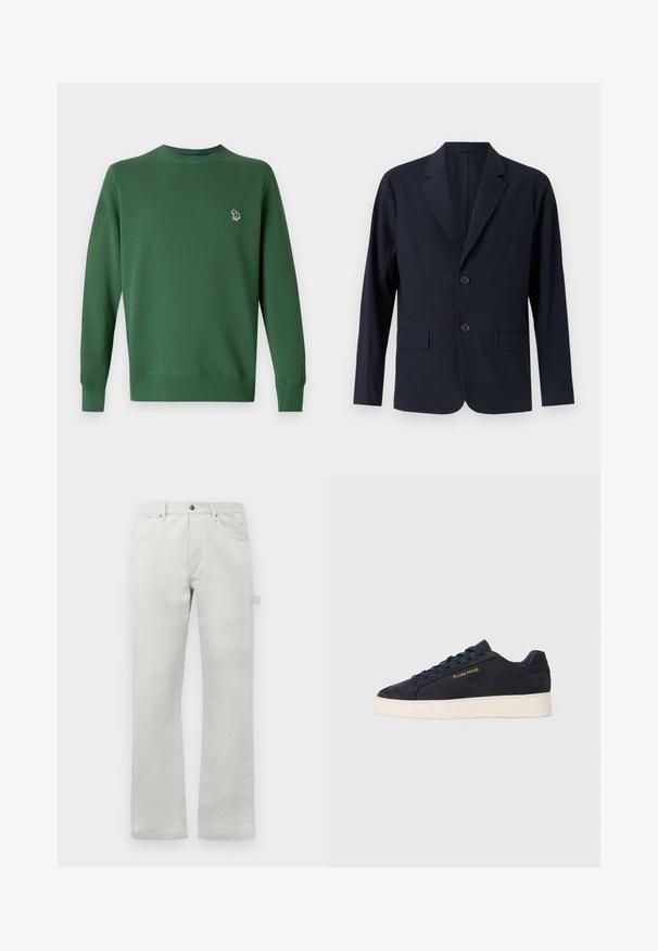 Blazer de color azul marino, texturizado, con solapas con muesca, dos bolsillos frontales con solapa y dos botones. Corte ajustado con un diseño minimalista.; Sudadera verde con cuello redondo y mangas largas. Presenta un pequeño diseño bordado en el lado izquierdo del pecho. Textura de tela suave.; Pantalones gris claro con corte recto, confeccionados en una suave tela de algodón, con bolsillos frontales y un bolsillo lateral tipo cargo.; Zapatilla baja de ante azul marino con suela blanca, cordones azul marino y logo de "Filling Pieces" en dorado en el lateral.