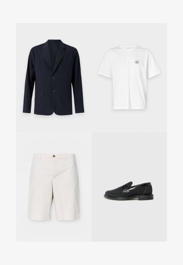 Tengerészkék, textúrázott blazer kihajtott gallérral, két elülső zsebből álló fakkal és két gombbal. Testre szabott fit minimalist design-nal.; Fehér pamut póló rövid ujjakkal, kerek nyakkal, és egy kis szürke logóval a bal mellrészen. Sima tapintású.; J.LINDEBERG SHANE CLOUD - Rövidnadrágok - moonbeam; Fekete szőtt slip-on cipő sima bőr díszítéssel a felsőrészen, kerek orral és alacsony profilos gumitalppal.