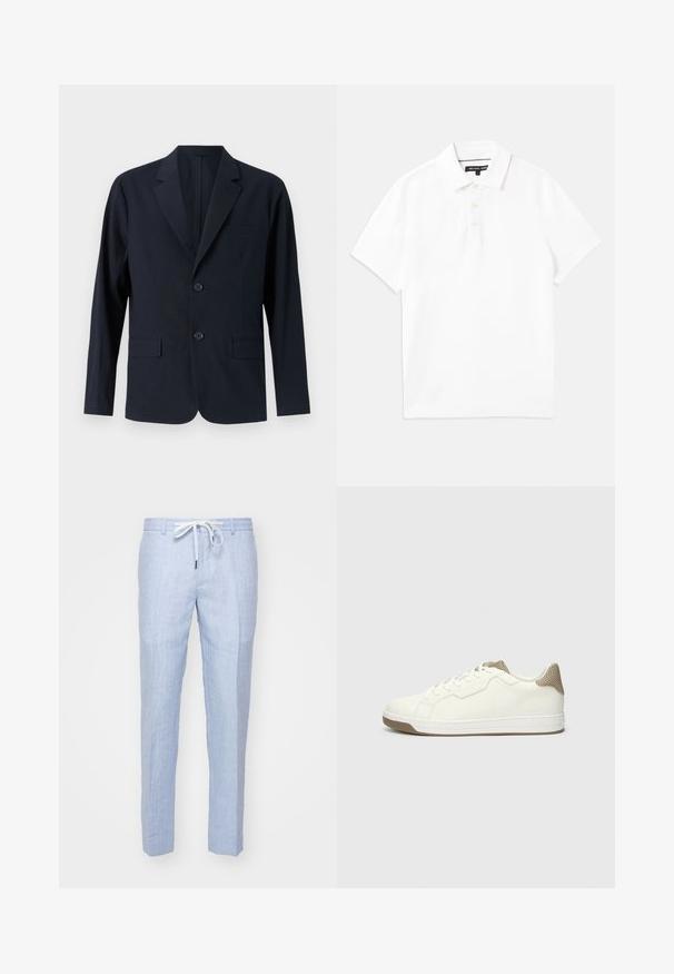 Marineblauwe, gestructureerde blazer met een geknipt revers, twee voorste klepzakken en twee knopen. Tailored fit met een minimalistisch ontwerp.; Witte polo shirt gemaakt van ademende katoenmix, met een kraag, korte mouwen en een sluiting met drie knopen. Glad textuur, geen patronen.; Lichtblauwe linnen broeken met een rechte pasvorm, voorzien van een trekkoord in de taille en een gladde textuur. Geen zichtbare zakken of decoratieve elementen.; Witte leren sneakers met een gestructureerde beige mesh hiel. Voorzien van ronde veters, een rubberen zool en minimalistische ontwerpelementen.