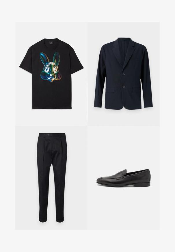 Temno modra, teksturirana blazer jakna z obrobljenim ovratnikom, dvema sprednjima žepoma z poklopcem in dvema gumboma. Prilegajoč kroj z minimalističnim dizajnom.; Črna bombažna majica s pisanimi, abstraktnimi ilustracijami zajčje obraza na sprednji strani. Okrogli ovratnik, kratki rokavi in ohlapen kroj.; Črne hlače iz gladkega materiala, z zavihkom spredaj, gumbom za zapiranje in zvitim robom ob gležnjih.; Moški črni usnjeni loafer s nizkim peto in klasičnim penny trakom, prikazan v bočnem profilu na belem ozadju.