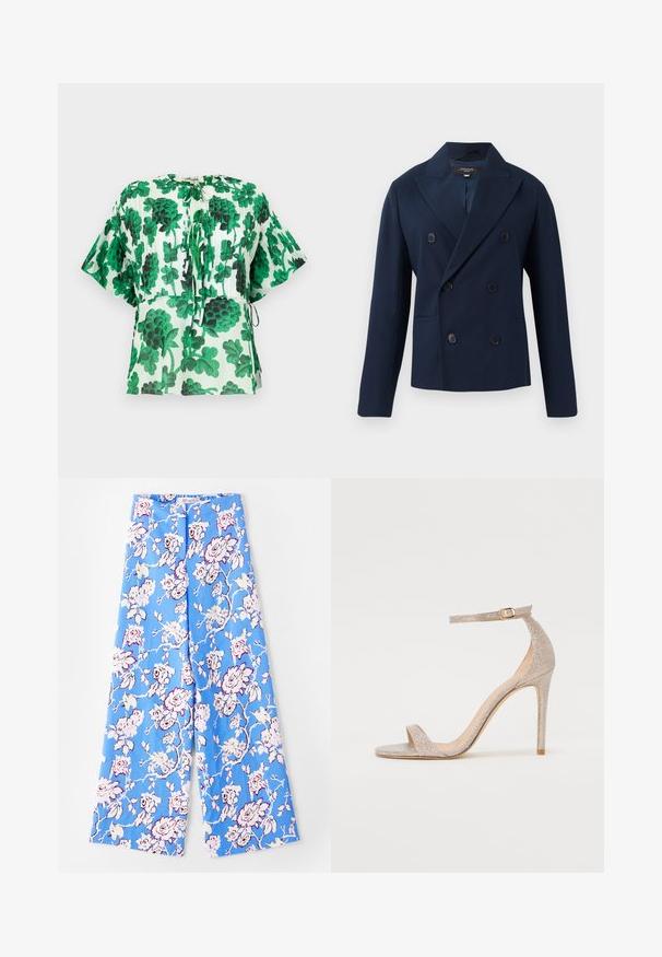 Námořnický modrý dvoubarevný blazer s klopami, dvěma předními kapsami a šesti knoflíky potaženými látkou. Vyrobeno z hladkého, strukturovaného materiálu.; Blůza s krátkým rukávem s zeleno-černým vzorem listů na světlem pozadí. Má kulatý výstřih a detaily s šňůrkou v pase.; Modré květinové kalhoty s pastelovým vzorem růží. Materiál je hladký, pohodlného střihu, širokých nohavic a elastického pásu.; Sandálky na vysokém podpatku s páskami v metalické růžové zlaté barvě, s texturovaným svrškem, otevřenou špičkou a řemínkem kolem kotníku s detailním zlatým sponou.