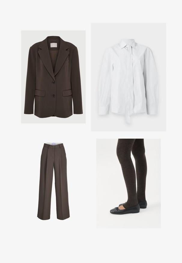 Bruine blazer met een notch-kraag, twee voorzakken en zwarte knopen; gemaakt van gladde stof met een getailleerde, gestructureerde pasvorm.; Wit, lang mouwshirt met een klassieke kraag en een verlengde voorknoop. Gemaakt van een gladde stof, met een ontspannen pasvorm en zonder patronen.; Breedbenige broeken van bruin stof, met een hoge taille, voor plooien en een gladde textuur. Inclusief riemlussen voor extra detail.; Zwarte platte schoenen met een kleine strikdetail op de neus, gecombineerd met donkerbruine geribbelde panty’s. De schoenen hebben een gladde textuur en een lage profiel.