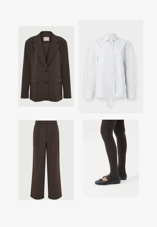 Sacou marron cu guler în formă de V, două buzunare frontale și nasturi negri; realizat dintr-un material neted cu o croială ajustată și structurată.; Cămașă albă cu mânecă lungă, cu guler clasic și un nod prelung. Fabricată din material neted, având o croială lejeră și fără modele.; Pantaloni largi maro, confecționați dintr-un material neted. Prezintă pliseuri în față și un tiv croit cu lauri pentru ajustare.; Pantofi negri cu un detaliu mic de fundiță la vârf, asortați cu colanți maro închis, cu textură ondulată. Pantofii au o textură netedă și un profil joase.