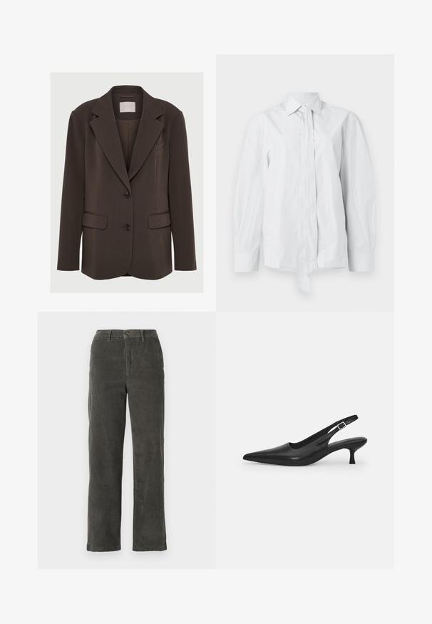Brauner Blazer mit Reverskragen, zwei Vorderaschen und schwarzen Knöpfen; aus glattem Stoff mit tailliertem, strukturiertem Schnitt.; Weißes Langarmhemd mit klassischem Kragen und verlängertem vorderen Krawattenband. Aus glattem Stoff gefertigt, mit lockerer Passform und ohne Muster.; Graue Cordhosen mit einem Bund, vorderer Knopfschließe und zwei Seitentaschen. Gerades Bein und gerippte Textur.; Schwarzer Leder-Slingback-Schuh mit spitzer Zehenform und schmalem, geschwungenem Absatz. Verfügt über einen unauffälligen verstellbaren Riemen mit einer Metallschnalle.