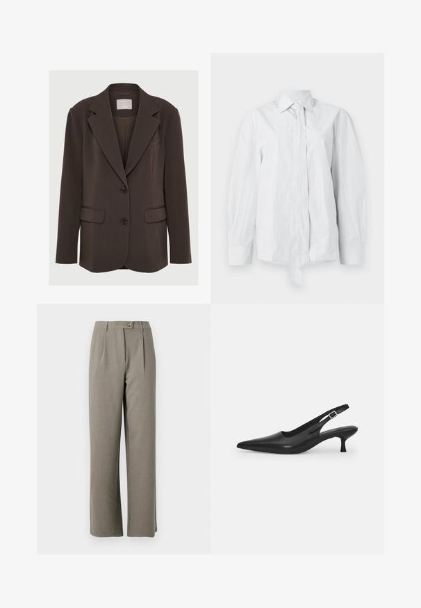 Rjava blazer z žepkastim ovratnikom, dvema sprednjima žepoma in črnimi gumbi; izdelan iz gladkega materiala z natančnim, strukturiranim krojem.; Bela srajca z dolgimi rokavi s klasičnim ovratnikom in podaljšano sprednjo zavezo. Narejena iz gladkega materiala, ima sproščen kroj in brez vzorcev.; Svetlo sivi široki hlače z gladko teksturo, ki imajo sprednje nabore, zapiranje na gumb in dve stranski žep.; Črne usnjene sandale z odprtim peto in konično oblikovanim prstom ter ozkim, ukrivljenim petnim delom. Imajo diskretno nastavljivo zaponko z kovinsko sponko.