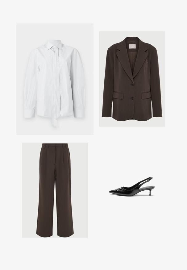 Sacou marron cu guler în formă de V, două buzunare frontale și nasturi negri; realizat dintr-un material neted cu o croială ajustată și structurată.; Cămașă albă cu mânecă lungă, cu guler clasic și un nod prelung. Fabricată din material neted, având o croială lejeră și fără modele.; Pantaloni largi maro, confecționați dintr-un material neted. Prezintă pliseuri în față și un tiv croit cu lauri pentru ajustare.; Cizme slingback din piele neagră, cu vârf ascuțit, toc mic de tip kitten heel și un detaliu decorativ sub formă de nod în față. Textură netedă pe întreaga suprafață.