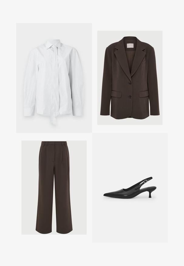 Sacou marron cu guler în formă de V, două buzunare frontale și nasturi negri; realizat dintr-un material neted cu o croială ajustată și structurată.; Cămașă albă cu mânecă lungă, cu guler clasic și un nod prelung. Fabricată din material neted, având o croială lejeră și fără modele.; Pantaloni largi maro, confecționați dintr-un material neted. Prezintă pliseuri în față și un tiv croit cu lauri pentru ajustare.; Sandal din piele neagră, cu vârf ascuțit și toc subțire, curbat. Are o curea ajustabilă discretă, cu o cataramă din metal.