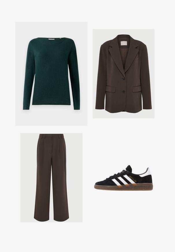 Brown blazer with a notched collar, two front pockets, and black buttons; made from smooth fabric with a tailored, structured fit.; Dark green long-sleeve shirt with round neckline and simple design, displayed on a white background.; White, long-sleeve shirt with a classic collar and an elongated front tie. Made of smooth fabric, featuring a relaxed fit and no patterns.; Brown wide-leg trousers made of smooth fabric. Features pleats at the front and a tailored waistband with belt loops for adjustment.; Black Adidas sneaker with white stripes, gold "Spezial" text, gum sole, and white heel tab, shown in profile view.