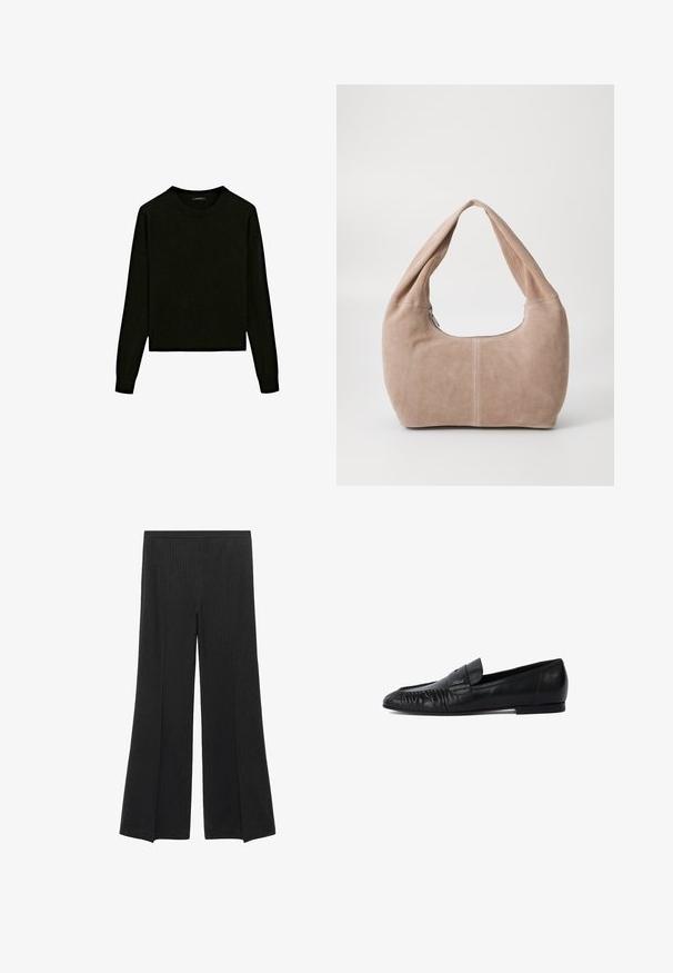 Dunkelgrauer, gestreifter, doppelt geknöpfter Blazer mit Reverskragen, vier Knöpfen und aufgesetzten Taschen auf weißem Hintergrund.; Schwarzer Strickpullover mit Rundhalsausschnitt, langen Ärmeln und cropped Design. Hergestellt aus einem weichen Material mit glatter Textur.; Schwarze weit geschnittene Hose mit subtilen vertikalen Nadelstreifen und einem elastischen Taillenbund, flach auf einem weißen Hintergrund ausgestellt.; Schwarze Lederloafers mit runder Zehe, gestickten Details an der Vorderseite und flacher Sohle. Minimalistisches Design mit dezentem Logoakzent.; Hobo-Tasche aus weichem Wildledermaterial in einem hellen Beigeton. Verfügt über eine runde Form, einen breiten Riemen und einen Reißverschluss.