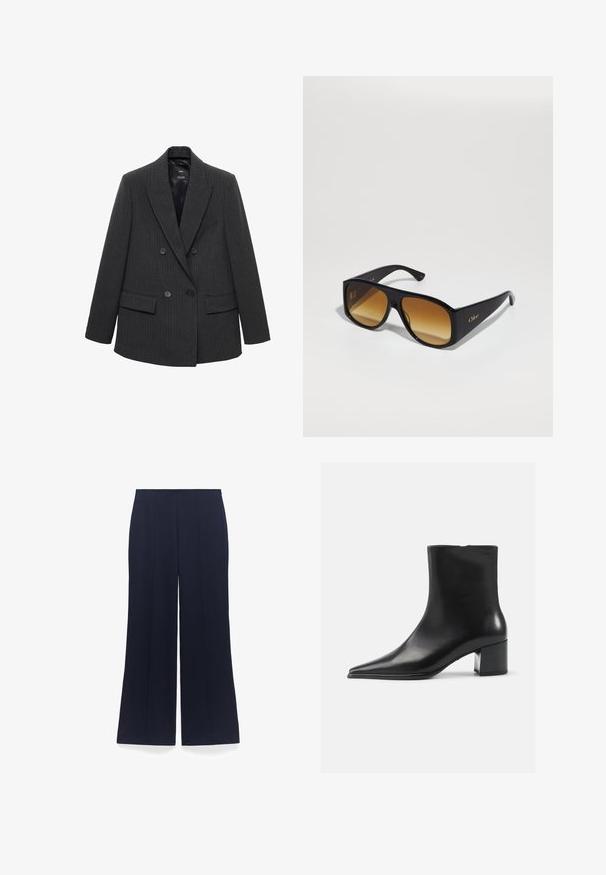 Donkergrijze pinstripe dubbele knoopblazer met notch-lapels, vier knopen en klepzakken op een witte achtergrond.; Witte blouse met verticale lichtgrijze strepen, spreidkraag, lange mouwen en een ontspannen pasvorm. Gemaakt van lichte stof.; Marineblauwe wijde broeken met verticale streepjes, gemaakt van een gestructureerde stof. Heeft een platte tailleband en geen zichtbare hardware.; Zwarte leren enkellaars met een spitse neus, een soepele textuur en een middenblokhak. Minimalistisch ontwerp, ritssluiting aan de achterkant.; Zwarte rechthoekige zonnebril met bruine verlooplenzen. Gemaakt van plastic, met een glad oppervlak en een subtiele gouden logo op de poot.