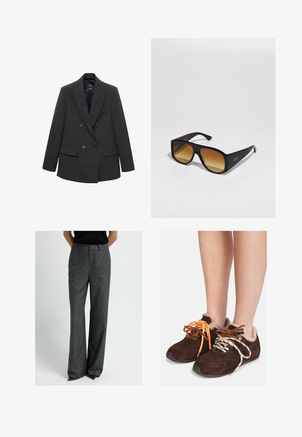 Dark gray pinstripe double-breasted blazer with notch lapels, four buttons, and flap pockets on a white background.; White button-up shirt with vertical light gray stripes, spread collar, long sleeves, and a relaxed fit. Made of lightweight fabric.; Woman wearing high-waist wide-leg dark gray pants with small sparkles, paired with a black top and pointed burgundy shoes.; Brown suede slip-on shoes with fur lining worn on bare feet, featuring mismatched laces: one orange and one white with black stripes.; Black rectangular sunglasses with brown gradient lenses. Made of plastic, featuring a smooth surface and a subtle gold logo on the temple.