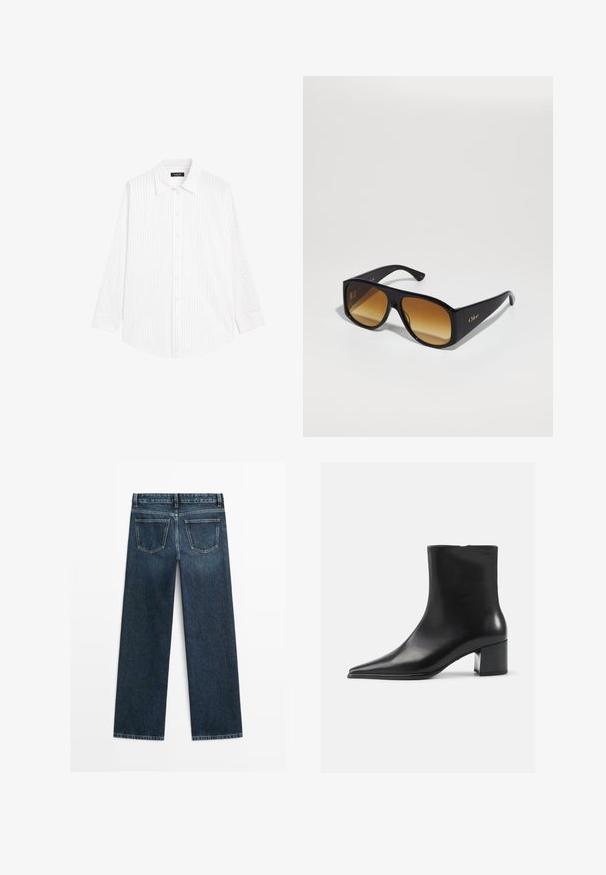 Tmavě šedý pruhovaný dvouřadý blazer s klopami, čtyřmi knoflíky a klopovými kapsami na bílém pozadí.; Bílá košile na knoflíky s vertikálními světlými šedými pruhy, s rozloženým límcem, dlouhými rukávy a volným střihem. Vyrobena z lehké látky.; Tmavě modré džíny se rovný střih, přední dvě zadní kapsy a viditelné švy podél švů a okrajů.; Černá kožená kotníková bota s špičatou špičkou, hladkým povrchem a středním blokovým podpatkem. Minimalistický design, zapínání na zip na zadní straně.; Černé obdélníkové sluneční brýle s hnědými gradientními skly. Vyrobeny z plastu, mají hladký povrch a jemné zlaté logo na ramínku.