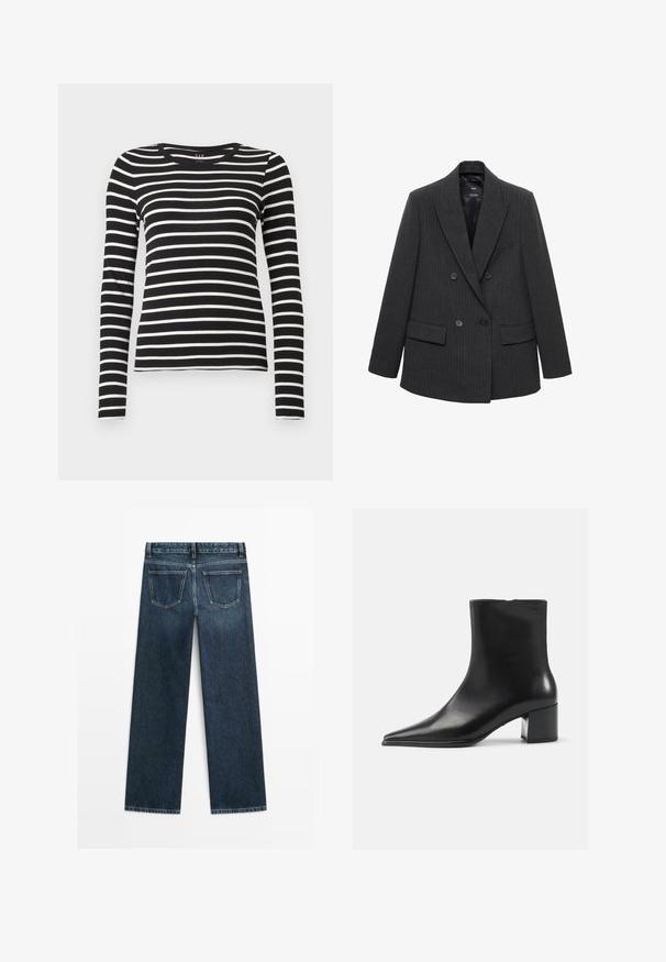 Mørkegrå stribet dobbeltbrystet blazer med skråklapper, fire knapper og klaplommer på en hvid baggrund.; Sort og hvidt horisontalt stribet langærmet T-shirt med rund hals og tætsiddende silhuet.; Mørkeblå denimjeans i lige snit med to baglommer og synlig syning langs sømme og kanter.; Sort læder ankelstøvle med spidse tæer, glat tekstur og mellemhøj blokhæl. Minimalistisk design, lynlås lukning bagpå.
