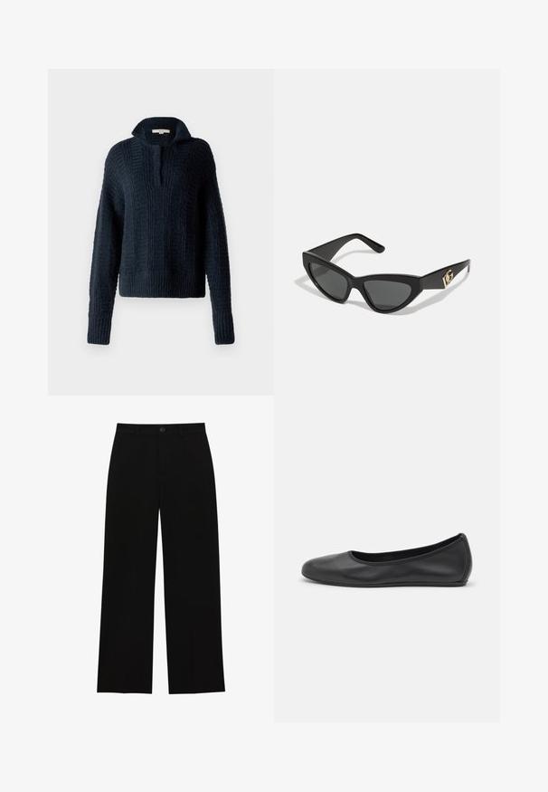 Marineblauer Blazer mit einem einzelnen Knopfverschluss, scharfen Revers, zwei Vordertaschen und einer leicht strukturierten Passform. Glatte Stoffoberfläche.; Marineblauer Strickpullover mit hohem Kragen, der strukturierte vertikale Streifen sowie gerippte Bündchen und Saum aufweist. Weiche, grobe Garnzusammensetzung.; Langärmliges weißes T-Shirt aus geripptem Baumwollstoff, mit rundem Ausschnitt und geradem Saum. Einfaches Design ohne Muster oder Akzente.; Schwarze, hochtaillierte, weit geschnittene Hosen aus glattem Material, mit flacher Vorderseite, Knopfverschluss und ohne sichtbare Taschen.; Schwarze Leder-Ballettschuhe mit abgerundeter Spitze, glatter Textur, minimalen Nähdetails und einem flexiblen Sohlen-Design.; Cat-Eye-Sonnenbrille mit mattem schwarzen Kunststoffrahmen, dunklen Gläsern und einem goldenen Logoplatz auf dem Bügel. Winkeliges Design und glatte Oberfläche.