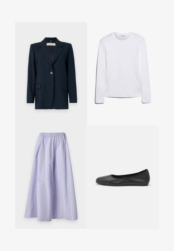 Námornícky modrý blejzer so zapínaním na jedno tlačidlo, ostrými klopami, dvoma prednými vreckami a mierne štruktúrovaným strihom. Hladká textúra látky.; Dlhý rukáv biely tričko vyrobené z rebrovanej bavlny, s okrúhlym výstrihom a rovnými okrajmi. Jednoduchý dizajn bez vzorov alebo akcentov.; Levanduľová sukňa s širokými nohavicami vyrobená z ľahkej látky, so elastickým pásom, hladkou textúrou a voľným siluetou.; Čierne kožené baleríny s okrúhlou špičkou, hladkým povrchom, minimálnym prešívaním a flexibilným dizajnom podrážky.