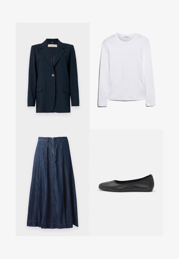 Mörkblå blazer med en enkel knappstängning, skarpa slag, två framfickor och en något strukturerad passform. Slät tygtextur.; Långärmad vit T-shirt i ribbad bomull, med rund halsringning och rak kant. Enkelt mönster utan mönster eller detaljer.; Jeanskjol i mörkblått med en utsvängd design, prydd med en framdragkedja och vertikala sömmar för extra struktur. Klassisk midjebanddetalj.; Svart läderballerinaskor med rund tå, slät yta, minimala söm detaljer och en flexibel sula.