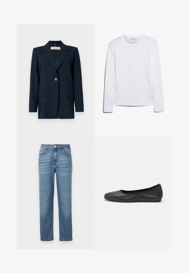Tengerészkék blézer egysoros gombolással, éles hajtókákkal, két elülső zsebbel és enyhén struktúrált fazonnal. Simára szőtt anyagú.; Hosszú ujjú fehér póló bordázott pamutból, kerek nyakkivágással és egyenes szegéllyel. Egyszerű dizájn, minta vagy díszítések nélkül.; Világoskék farmernadrág, egyenes szárú vágással, látható elülső zsebekkel, gombos záródással és enyhe kopással a textúra érdekében.; Fekete bőr balettcipő lekerekített orral, sima tekstúrával, minimális varrással és rugalmas talp kialakítással.