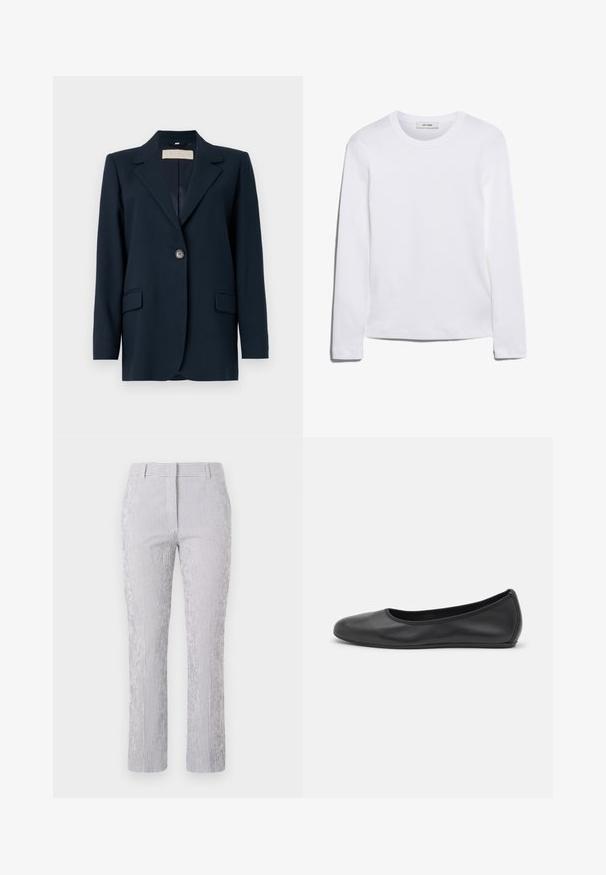 Marineblauwe blazer met een enkele knoopsluiting, scherpe revers, twee voorzakken en een iets gestructureerde pasvorm. Soepele stofstructuur.; Wit T-shirt met lange mouwen, gemaakt van ribgebreide katoen, met een ronde halslijn en een rechte zoom. Eenvoudig ontwerp zonder patronen of accenten.; Gestreepte broek in lichtblauw en wit, met een recht gesneden ontwerp, een tailleband en een textuurstof met subtiele decoratieve elementen.; Zwarte leren ballerina met een ronde neus, gladde textuur, minimale stikdetails en een flexibele zoolontwerp.
