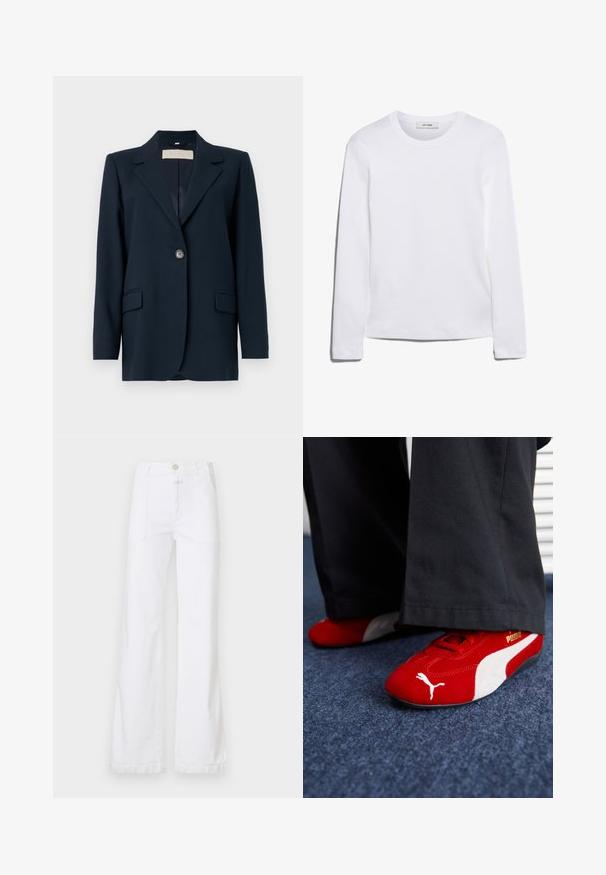 Blazer azul marino con cierre de un solo botón, solapas afiladas, dos bolsillos frontales y un ajuste ligeramente estructurado. Textura de tela suave.; Camiseta de manga larga blanca hecha de algodón acanalado, con un cuello redondo y un dobladillo recto. Diseño simple sin patrones ni acentos.; Pantalones de mezclilla blanca con una cintura alta, diseño de pierna ancha, bolsillos frontales y costuras visibles. La tela tiene una textura suave y mate.; Zapatillas de ante rojas con acentos blancos, que cuentan con material texturizado, punta redonda y un logo dorado en el lateral, combinadas con pantalones negros.