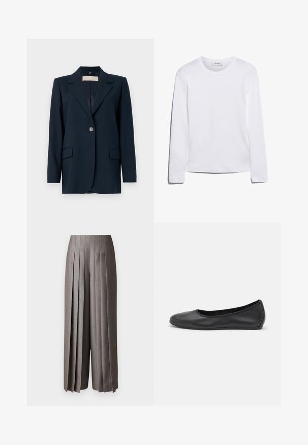 Marineblå blazer med en enkelt knaplukning, skarpe rever, to frontlommer og en let struktureret pasform. Glat stofstruktur.; Langærmet hvid T-shirt lavet af ribbet bomuld, med rund halsudskæring og lige kant. Simpelt design uden mønstre eller accenter.; Grå bredbenede bukser med lodrette folder, skræddersyet design og en glat overflade. Har høj talje og løs pasform.; Sort læderballetsko med rund tå, glat tekstur, minimal syning og et fleksibelt såldesign.