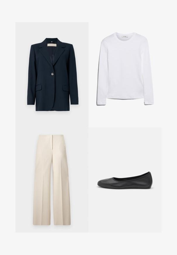 Marineblå blazer med enkelt knappelukking, skarpe slag, to frontlommer og en litt strukturert passform. Glatt stoffstruktur.; Langermet hvit T-skjorte laget av ribbet bomull, med rund halslinning og rett kant. Enkel design uten mønstre eller aksenter.; Beige vide bukser med høj talje, der har frontfolder og en glat tekstur. Simpelt design uden synlig hardware eller mønstre.; Svart skinnballettflatt med rund tå, glatt tekstur, minimal sømdetalj, og et fleksibelt såledesign.