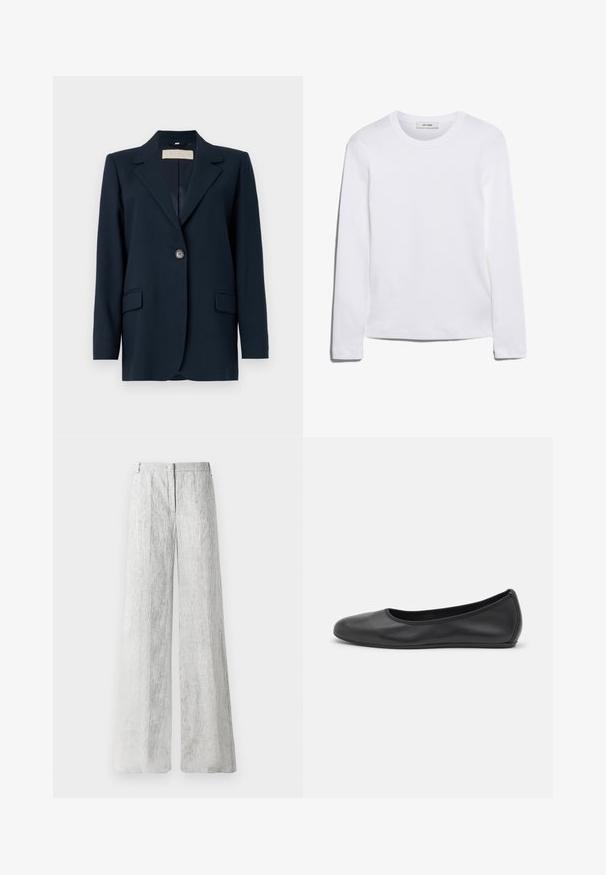 Námornícky modrý blejzer so zapínaním na jedno tlačidlo, ostrými klopami, dvoma prednými vreckami a mierne štruktúrovaným strihom. Hladká textúra látky.; Dlhý rukáv biely tričko vyrobené z rebrovanej bavlny, s okrúhlym výstrihom a rovnými okrajmi. Jednoduchý dizajn bez vzorov alebo akcentov.; Svetlošedé nohavice so širokými nohavicami vyrobené z textúrovaného materiálu s jemnými vertikálnymi prúžkami. Obsahujú predné zapínanie na zips a pútka na pás.; Čierne kožené baleríny s okrúhlou špičkou, hladkým povrchom, minimálnym prešívaním a flexibilným dizajnom podrážky.