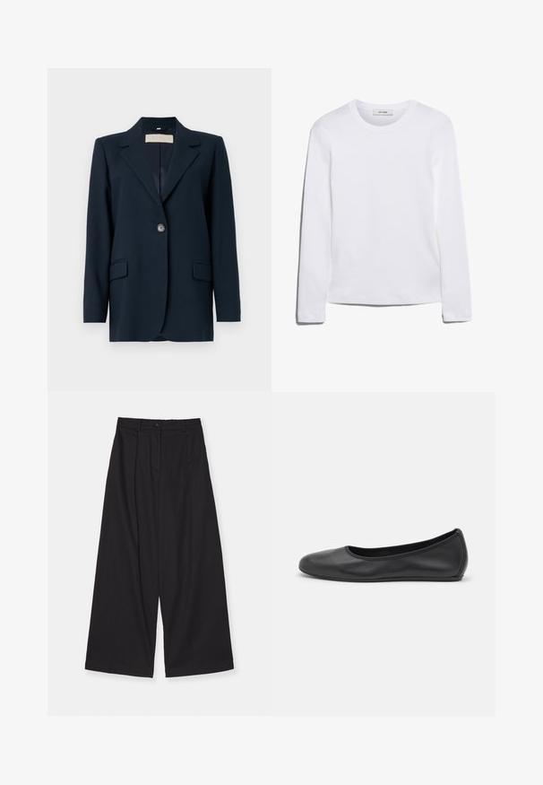 Marineblå blazer med enkelt knappelukking, skarpe slag, to frontlommer og en litt strukturert passform. Glatt stoffstruktur.; Langermet hvit T-skjorte laget av ribbet bomull, med rund halslinning og rett kant. Enkel design uten mønstre eller aksenter.; Sorte vide benbukser laget av et glatt stoff, med høy midje, frontplisser, knappelukking og en rett silhuett.; Svart skinnballettflatt med rund tå, glatt tekstur, minimal sømdetalj, og et fleksibelt såledesign.