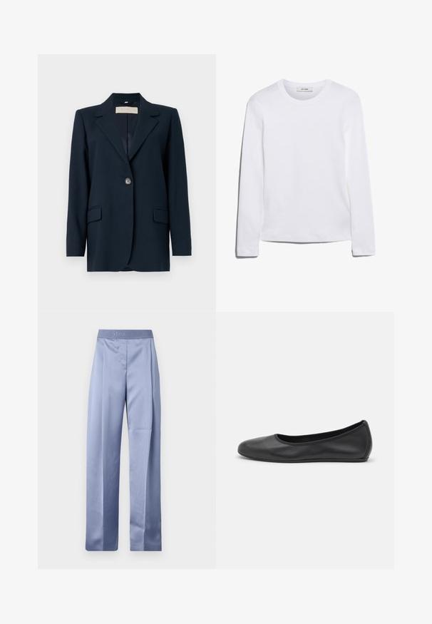 Tums zilas žakete ar vienu pogu aizdari, asiem uzmekļiem, divām priekšējām kabatām un nedaudz strukturētu piegriezumu. Gluda auduma tekstūra.; Bieza piedurkņu balta T-krekls, izgatavots no ribota kokvilnas, ar apaļu kakla izgriezumu un taisnu apakšmalu. Vienkāršs dizains bez rakstiem vai akcentiem.; Gaiši zilas satīna platās bikses ar gludu tekstūru, ar izšūtu jostasvietu, kurā redzams zīmola nosaukums "STINE GOYA".; Melna ādas baleta kurpe ar noapaļotu purngalu, gludu tekstūru, minimālu šuvju detalizāciju un elastīgu zoles dizainu.