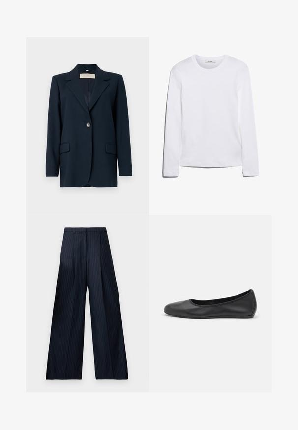 Tamsiai mėlynas švarkas su vieno mygtuko uždarymu, ryškiais atvartais, dviem priekinėmis kišenėmis ir truputį struktūrizuotu siluetu. Lygus audinio tekstūra.; Balta ilga rankovė T-marškiniai, pagaminti iš dryžuoto medvilnės, su apvaliu kaklu ir tiesia apatine dalimi. Paprastas dizainas be raštų ar akcentų.; Tamsiai mėlynos plačios kelnės, pagamintos iš glotnaus audinio, su smulkia juostele, priekine klostėmis ir klasikiniu juosmeniu.; Juodai odiniai baletai su apvaliu pirštu, lygi texture, minimalus siuvimo detales ir lanksčiu padų dizainu.