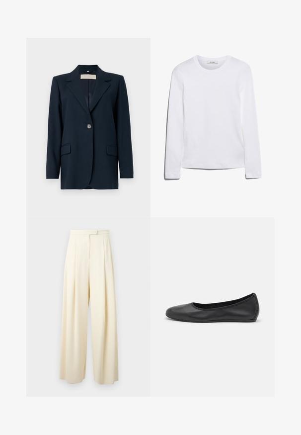 Marineblå blazer med enkelt knappelukking, skarpe slag, to frontlommer og en litt strukturert passform. Glatt stoffstruktur.; Langermet hvit T-skjorte laget av ribbet bomull, med rund halslinning og rett kant. Enkel design uten mønstre eller aksenter.; Vide benbukser i en lys kremfarge, med flat foran, innsnitt og en glatt stofftekstur. Ingen synlig maskinvare eller detaljer.; Svart skinnballettflatt med rund tå, glatt tekstur, minimal sømdetalj, og et fleksibelt såledesign.