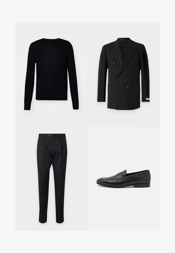Blazer nero doppiopetto realizzato in tessuto pregiato, dotato di due tasche frontali, rever a punte e bottoni neri. Vestibilità sartoriale.; Tiger of Sweden CONNOR - Maglione - black; Pantaloni neri realizzati in un tessuto liscio, con una piega sul davanti, chiusura con bottone e risvolti alla caviglia.; Mocassino da uomo in pelle nera con tacco basso e design classico a striscia, mostrato in profilo laterale su sfondo bianco.