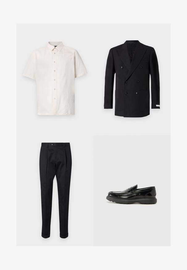 Kaksirivinen musta bleiseri, joka on valmistettu hienosta kankaasta ja siinä on kaksi etutaskua, leikatut lapelit ja mustat napit. Muotonsa mukainen istuvuus.; Lyhythihainen paita vaaleasta beigeistä kankaasta, jossa on napitettava etuosa, vaatimaton kaulus ja yksinkertaiset ompelu yksityiskohdat sivuilla.; Musta housut, jotka on valmistettu sileästä kankaasta, ja niissä on etuosassa laskos, nappisulku sekä käänteet nilkassa.; Mustat nahkakengät, joissa on kiiltävä pinta, pyöreä kärki, huomaamaton ompelu ja paksu kumipohja kestävyyttä varten.