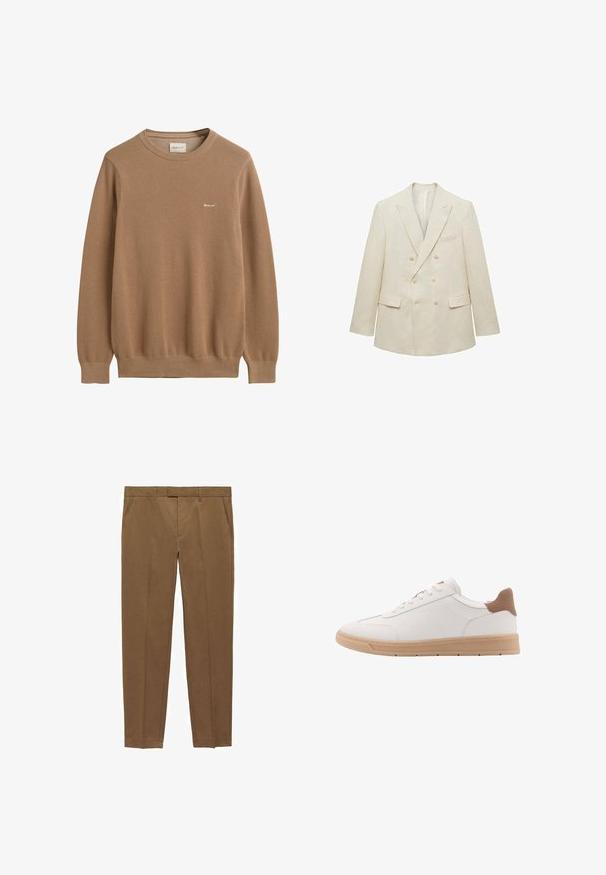 Mango AMALFIC - Sacou - off-white; Pulover tricotat de culoare maro, cu un model texturat, guler rotund și mâneci lungi. Prezintă un mic logo brodat pe piept.; Pantaloni maro, tailor-made, dintr-un material neted, cu o față plată, picioare drepte, bucle pentru curea și buzunare laterale.; Adidași din piele albă cu un finisaj neted, accente la călcâi de nuanță arămie și talpă din cauciuc bej. Au șireturi plate și o cusătură laterală simplă.