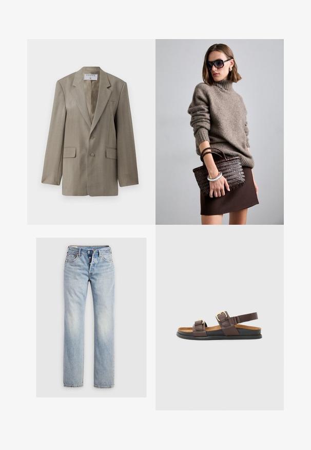Filippa K Blazer - khaki beige; Hvid bomuld t-shirt med korte ærmer, rund hals og en glat tekstur. Bagsiden er ensfarvet uden ekstra mønstre eller designs.; Lysblå denim jeans med lige ben, fem-knap lukning og baglommer med diskret stikning.; Brune lædersandaler med to justerbare stropper med metalliske spænder, en polstret sål og en fleksibel sort gummisål.; DRAGON DIFFUSION MINI FLAT GORA - Håndtasker - dark brown