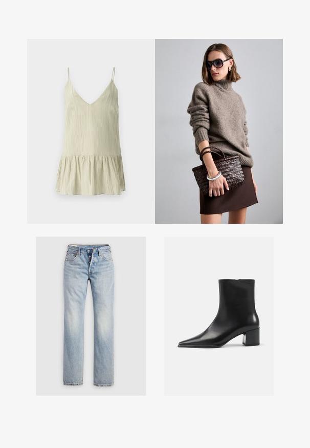 Filippa K Blazer - khaki beige; Light green pleated camisole with a V-neck and thin shoulder straps, featuring a flared, gathered hem for added volume.; Light blue denim jeans featuring a straight-leg design, five-button fly, and back pockets with subtle stitching detail.; Black leather ankle boot with a pointed toe, smooth texture, and a mid-block heel. Minimalist design, zipper closure at the back.; DRAGON DIFFUSION MINI FLAT GORA - Handbag - dark brown