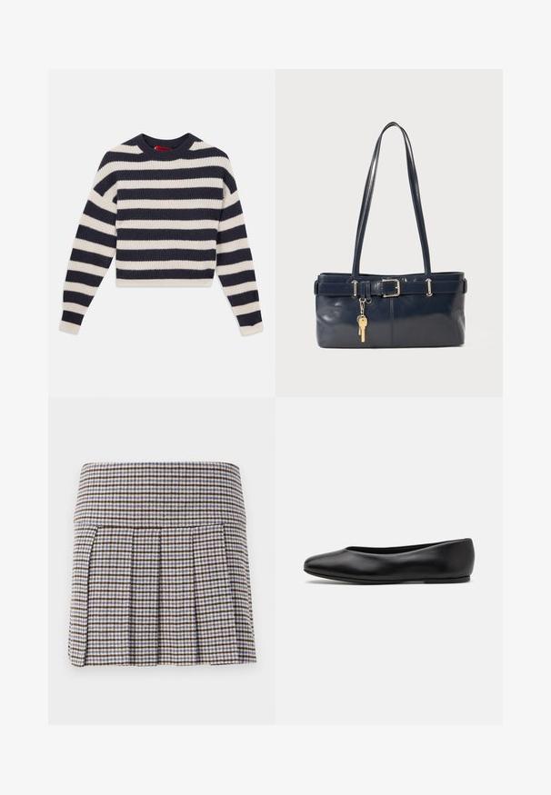 Blazer burdeos de doble botonadura con diseño a rayas, solapas de muesca, dos bolsillos frontales y botones negros. Textura suave. Interior forrado.; Suéter de punto a rayas con franjas horizontales alternas en azul marino y crema, cuello redondo y textura acanalada con mangas largas.; Falda plisada en un patrón de cuadros marrón, beige y azul. Confeccionada en un tejido texturizado, cuenta con una cinturilla ajustada y pliegues decorativos.; Paul Smith TOPANGA - Bailarinas - black; Bolso de mano de cuero navy con dos asas largas, un detalle de hebilla y un llavero adjunto. Presenta una textura suave y una forma rectangular.