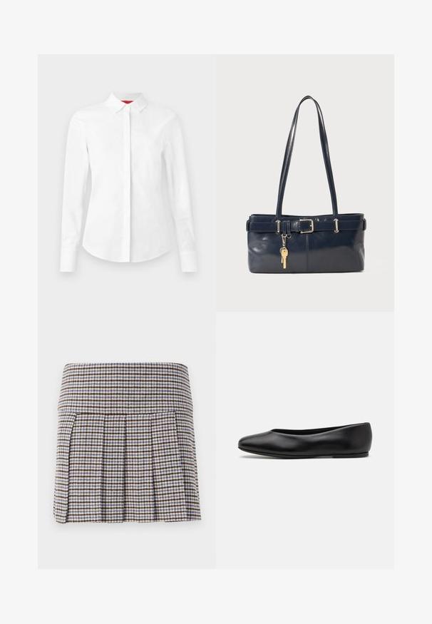 Blazer burdeos de doble botonadura con diseño a rayas, solapas de muesca, dos bolsillos frontales y botones negros. Textura suave. Interior forrado.; Camisa blanca de manga larga con cuello puntiagudo, tapeta de botones oculta y corte entallado sobre un fondo liso.; Falda plisada en un patrón de cuadros marrón, beige y azul. Confeccionada en un tejido texturizado, cuenta con una cinturilla ajustada y pliegues decorativos.; Paul Smith TOPANGA - Bailarinas - black; Bolso de mano de cuero navy con dos asas largas, un detalle de hebilla y un llavero adjunto. Presenta una textura suave y una forma rectangular.