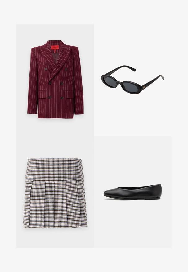 Burgundy double-breasted blazer with pinstripe pattern, notched lapels, two front pockets, and black buttons. Smooth texture. Lined interior.; Plain white long-sleeve shirt, crew neck, shown from the back, laid flat on a white background.; Pleated skirt in a brown, beige, and blue check pattern. Made of a textured fabric with a fitted waistband and decorative pleats.; Paul Smith TOPANGA - Ballet pumps - black; Black oversized sunglasses with oval lenses, smooth plastic frame, and gold accents on temple. Dark lenses provide sun protection.; Navy leather handbag with two long handles, a buckle detail, and a keychain attached. Features a smooth texture and a rectangular shape.