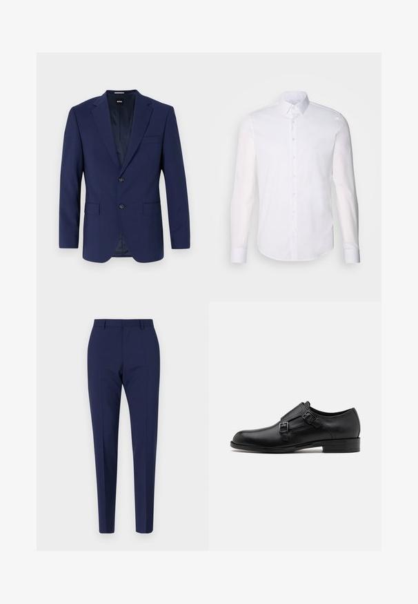 Tummansininen bleiseri, jossa on rakenteelliset olkapäät, yksirivinen muotoilu, kaksi etutaskua, yksi napin sulkeminen, sileä kangas ja hienovarainen sisäkuvio.; Valkoinen pitkähihaista napitettava paita, joka on valmistettu puuvillasta. Paitassa on klassinen kaulus, etunapit ja vähäinen ompelu yksityiskohtana.; Tummansinisiä räätälöityjä housuja, joissa on kapea fit, sileä pinta, tasainen etuosa ja taitetut lahkeet. Ei näkyviä taskuja tai koristeita.; Musta nahkakengät, joissa on kaksinkertaiset soljet, tyylikäs siluetti ja pyöreä kärki. Ominaisuuksiin kuuluu matala korko ja sileä pinta.