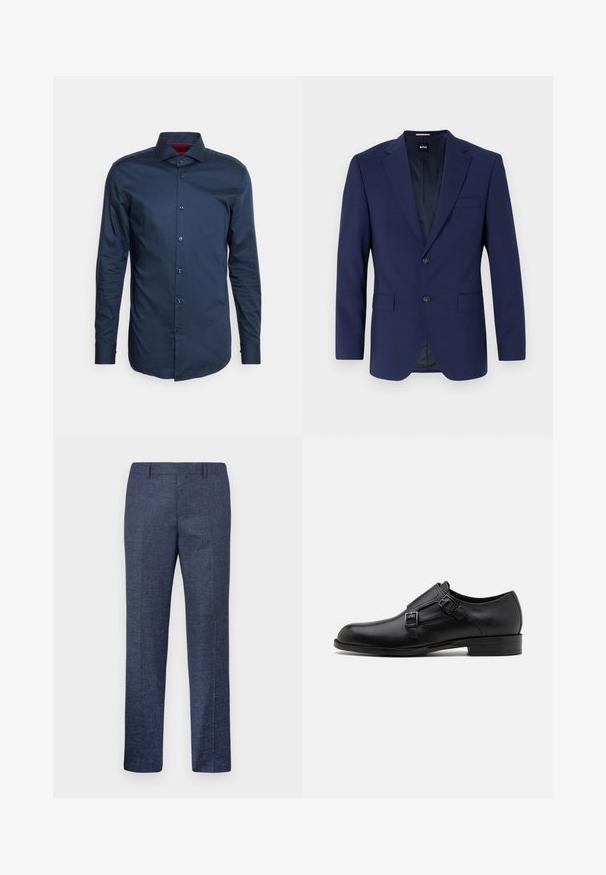 Tummansininen bleiseri, jossa on rakenteelliset olkapäät, yksirivinen muotoilu, kaksi etutaskua, yksi napin sulkeminen, sileä kangas ja hienovarainen sisäkuvio.; Laivastonsininen napitettavissa oleva paita pitkillä hihoilla, valmistettu sileästä kankaasta. Ominaisuuksiin kuuluu normaali kaulus ja hienovarainen kiilto. Punainen yksityiskohta kauluksen sisällä.; Tummansiniset housut, jotka on valmistettu teksturoidusta kankaasta, suorilla lahkeilla, tasaisella edessä ja kahdella sivutaskulla. Ei näkyviä kuvioita tai korostuksia.; Musta nahkakengät, joissa on kaksinkertaiset soljet, tyylikäs siluetti ja pyöreä kärki. Ominaisuuksiin kuuluu matala korko ja sileä pinta.