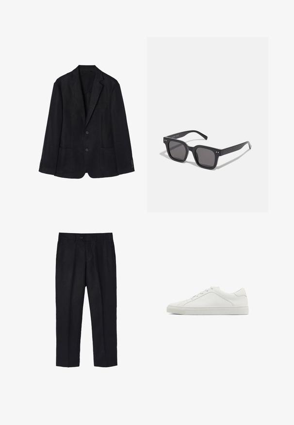 Marineblauwe linnen blazer met een twee-knops voorkant, met een revers, twee voorkruiszakken en knoopmanchetten voor een slanke silhouet.; Witte lange mouw shirt gemaakt van een gladde stof, met een knoopsluiting aan de voorkant, klassieke kraag en rechte zoom met afgeronde zijkanten.; Zwarte linnenbroek met een getailleerde pasvorm, voorzien van een enkele voorste knoop, plooien en rechte pijpen. Gladde textuur met een lichte afwerking.; Witte leren sneaker met een ronde neus, platte zool en minimalistisch ontwerp. Heeft zes veterogen en een subtiele naaddetail aan de zijkant.; Zwarte rechthoekige zonnebril met donkere lenzen, voorzien van een dik montuur, subtiele accenten aan de zijkanten en zonder zichtbare logo's behalve de merknaam.; Zilveren roestvrijstalen horloge met een zwarte wijzerplaat, gemarkeerde uurindicatoren, datumaanduiding en waterbestendigheid tot 50 meter.; Zilveren metalen armband met een gladde, matte afwerking. Heeft een open ontwerp met afgeronde randen, waardoor de maat verstelbaar is.