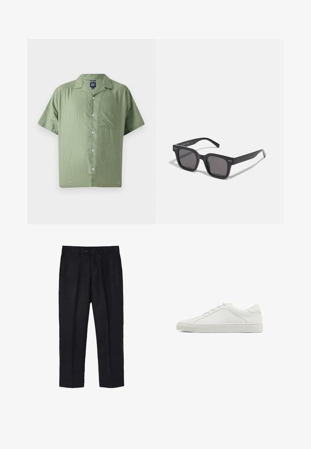 Die marineblaue Leinenjacke zeichnet sich durch einen Zwei-Knopf-Verschluss, einen geflammten Reverskragen, zwei Vorderaschen und geknöpfte Manschetten aus, was zu einer eleganten Silhouette führt.; GAP Hemd - twig; Schwarze Leinenhose mit taillierter Passform, ausgestattet mit einem einzelnen Frontknopf, Falten und geradem Bein. Glatte Textur mit leichtem Finish.; Weiße Leder-Sneaker mit runder Zehenform, flacher Außensohle und minimalistischem Design. Verfügt über sechs Ösen und ein dezentes Nahtdetail an der Seite.; Schwarze rechteckige Sonnenbrillen mit dunklen Gläsern, die einen dicken Rahmen, subtile Akzente an den Seiten und keine sichtbaren Logos außer dem Markennamen aufweisen.; Silberner Edelstahlumschlag mit schwarzem Zifferblatt, markierten Stundenanzeigen, Datumsanzeige und wasserdicht bis zu 50 Metern.; Silberner Metallarmreif mit einer glatten, matten Oberfläche. Verfügt über ein offenes Design mit abgerundeten Kanten, das eine verstellbare Größe ermöglicht.